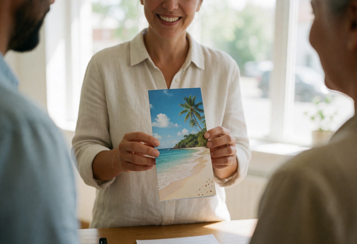 A travel agent in an office smiles while holding a tropical beach brochure, with blurred clients in the background creating a warm planning atmosphere.
