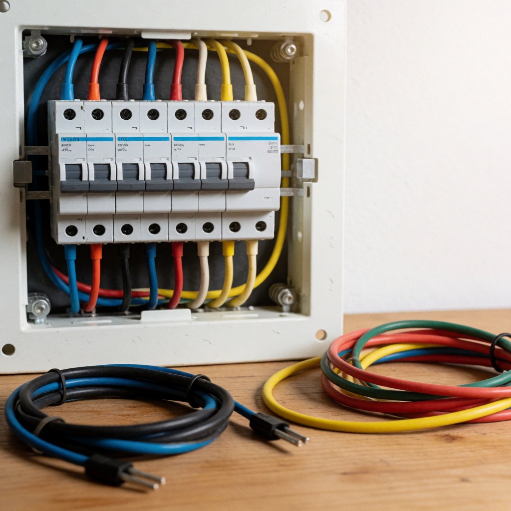 Close-up of an organized electrical circuit panel with multicolored wires arranged on a wooden surface, suitable for professional electrician product displays.