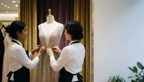 Two employees adjust a black evening dress on a mannequin in a high-end clothing store with velvet curtains and gold accents.