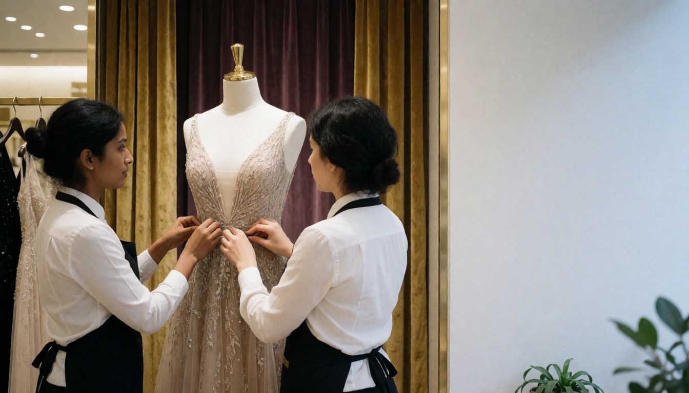 Two employees adjust a black evening dress on a mannequin in a high-end clothing store with velvet curtains and gold accents.