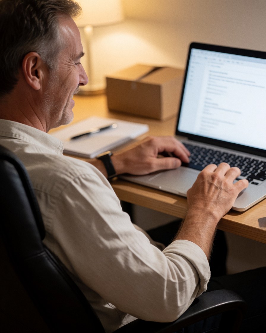 A smiling businessman sitting at a desk in a home office, looking satisfied while reviewing financial documents and using a laptop computer.