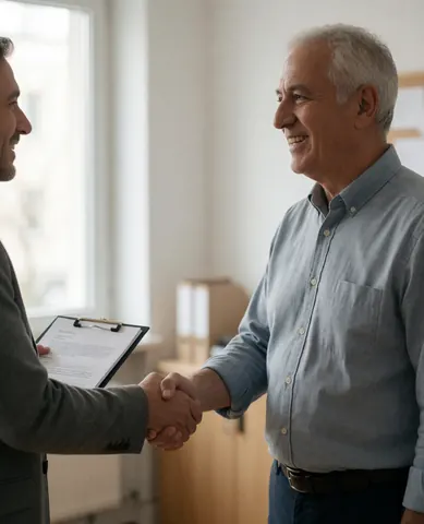A smiling client and accountant shake hands in a professional office setting, holding a document folder near a window with natural light.