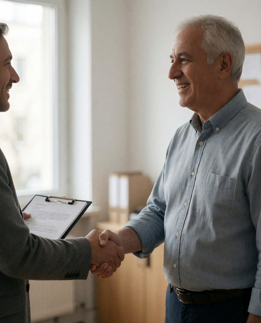 A smiling client and accountant shake hands in a professional office setting, holding a document folder near a window with natural light.