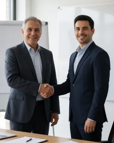 Two men in suits shaking hands in a meeting room with a whiteboard, smiling in a professional atmosphere