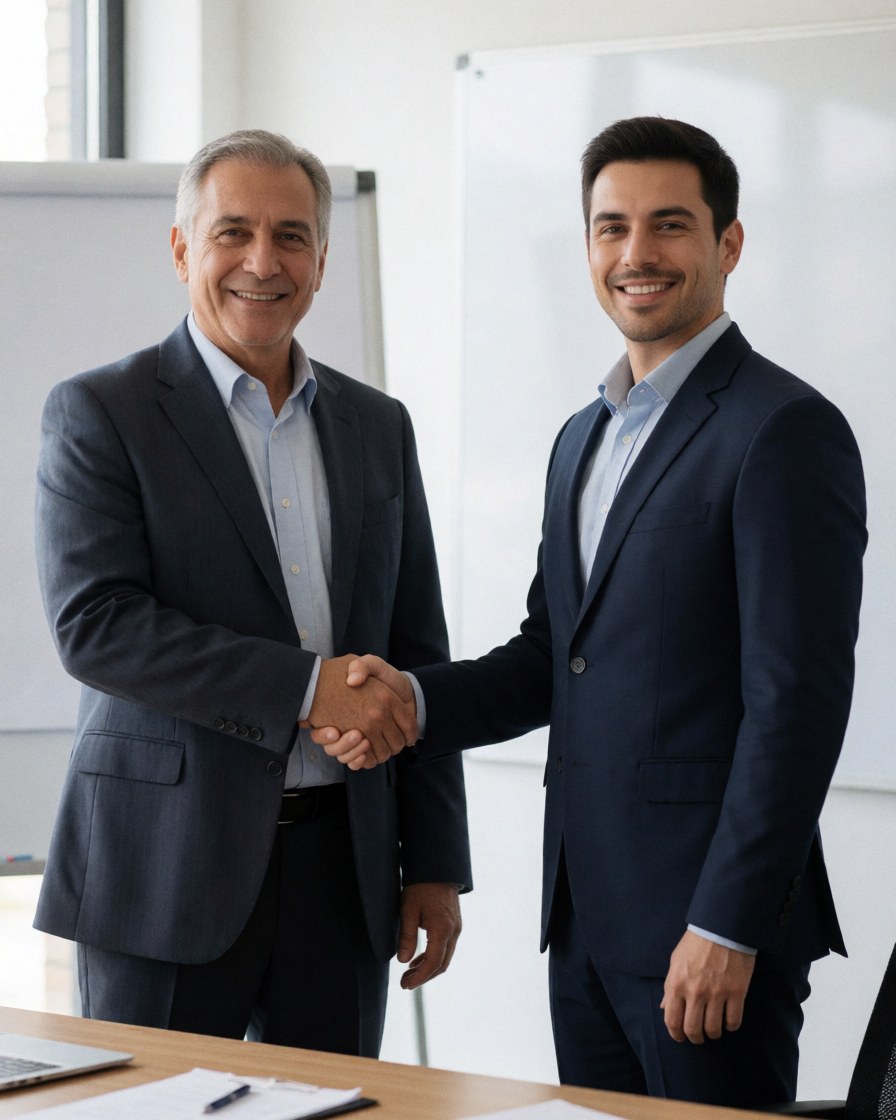 Two men in suits shaking hands in a meeting room with a whiteboard, smiling in a professional atmosphere