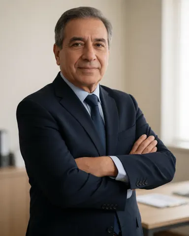 Middle-aged male accountant in a dark suit and tie stands with arms crossed in a private office with warm lighting and a neutral background.