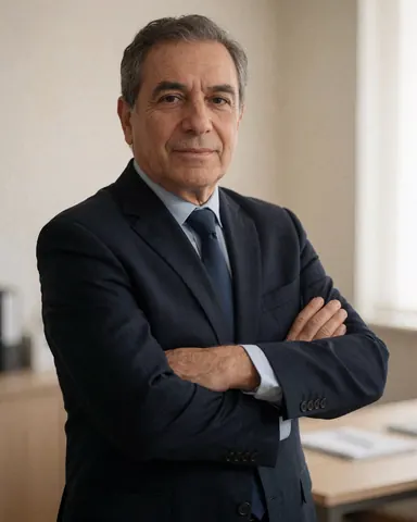 Middle-aged male accountant in a dark suit and tie stands with arms crossed in a private office with warm lighting and a neutral background.