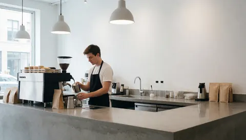 Young barista preparing coffee in a modern cafe with concrete counter, hanging lights, and window. Clean space ideal for website hero.