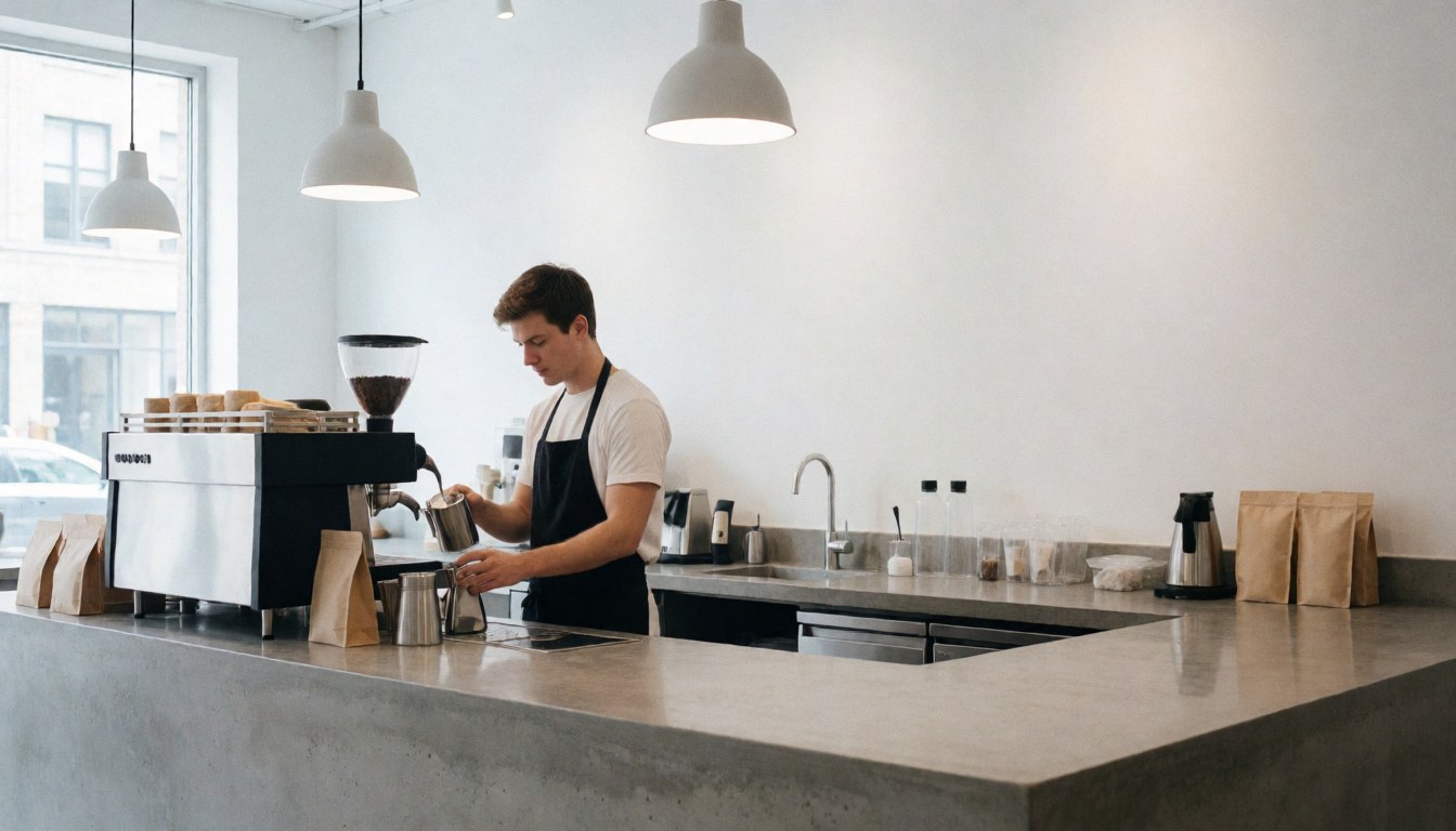 Young barista preparing coffee in a modern cafe with concrete counter, hanging lights, and window. Clean space ideal for website hero.