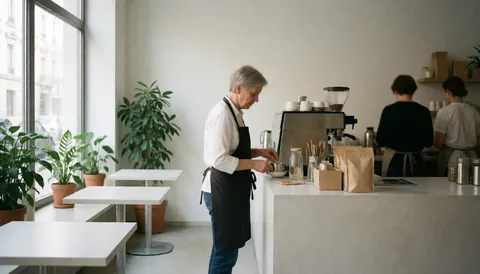 A barista preparing coffee in a bright modern cafe with white tables, green plants, and natural light creating a clean and welcoming atmosphere