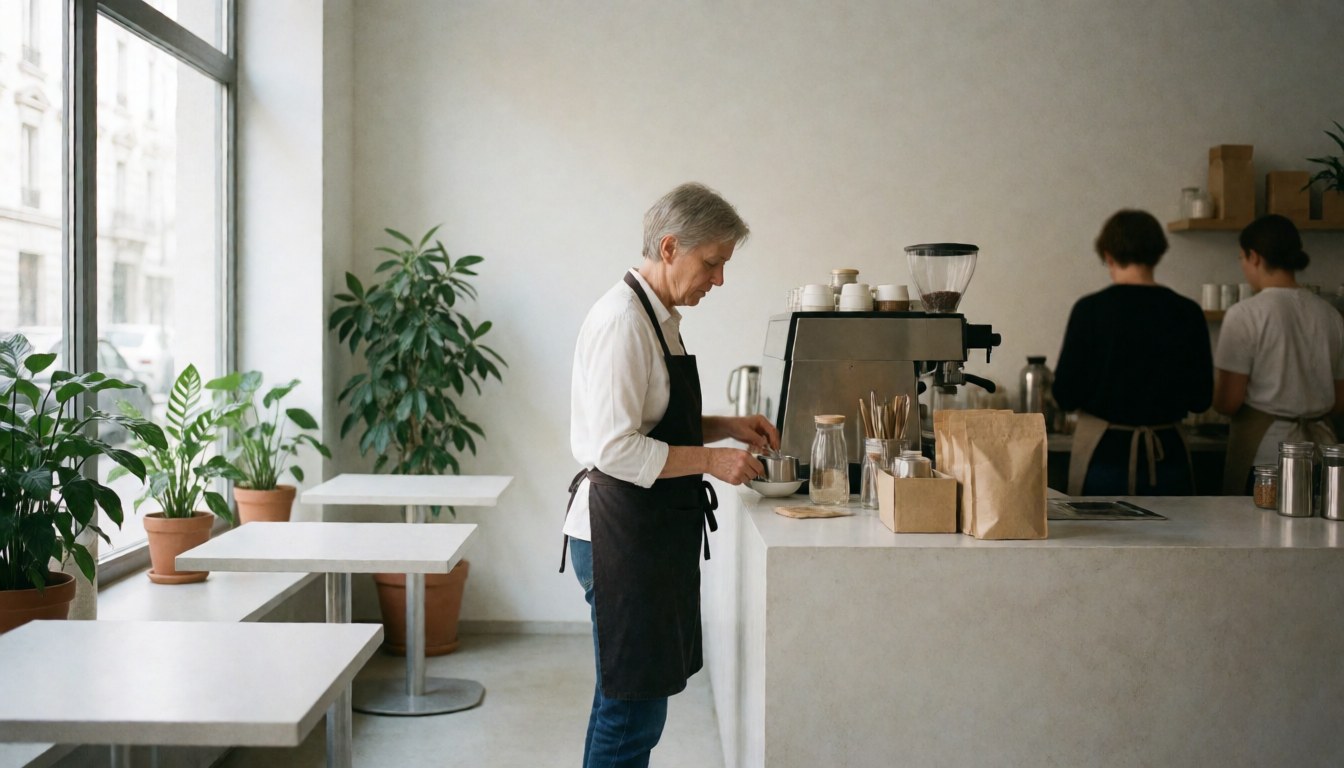 A barista preparing coffee in a bright modern cafe with white tables, green plants, and natural light creating a clean and welcoming atmosphere
