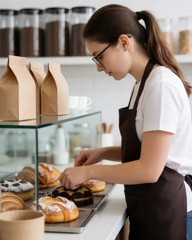 A young barista with glasses and a ponytail organizes cakes in a glass display case with coffee beans in the background.