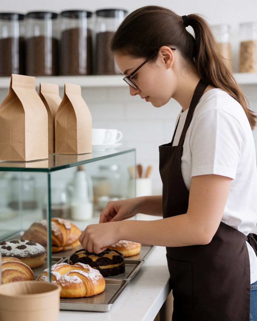A young barista with glasses and a ponytail organizes cakes in a glass display case with coffee beans in the background.