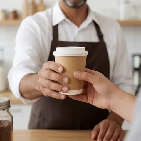 A smiling customer holding a white-lidded paper coffee cup ready for takeaway at a coffee shop counter