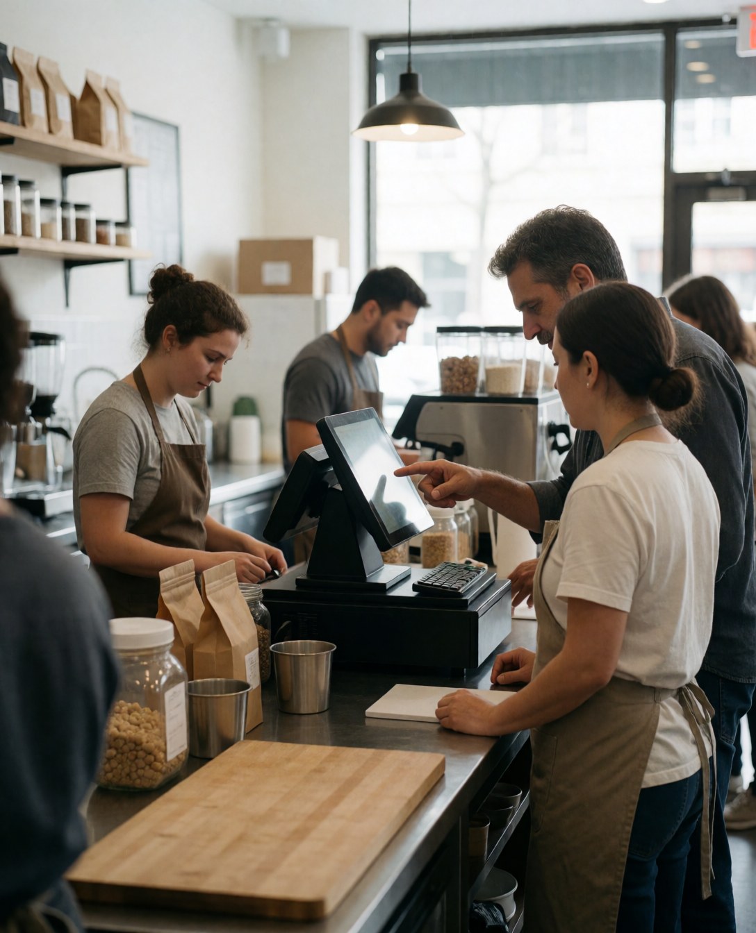 A group of coffee shop staff members gathered together during a team training session to improve collaboration and management skills.