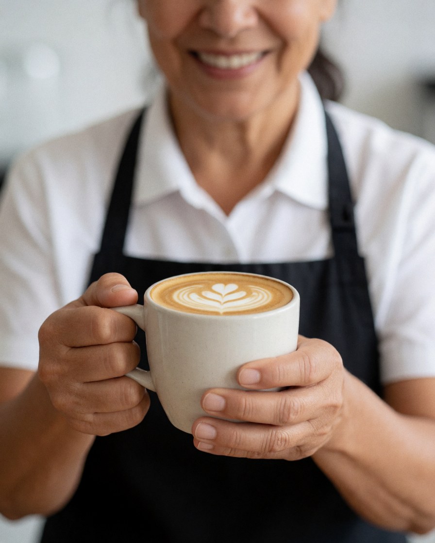 A smiling barista holds a cup of coffee with latte art in a modern coffee shop with a blurred background.
