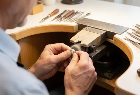 Professional jeweler polishing a ring in a clean workshop with jewelry tools and warm lighting, demonstrating precision and care in fine jewelry making.