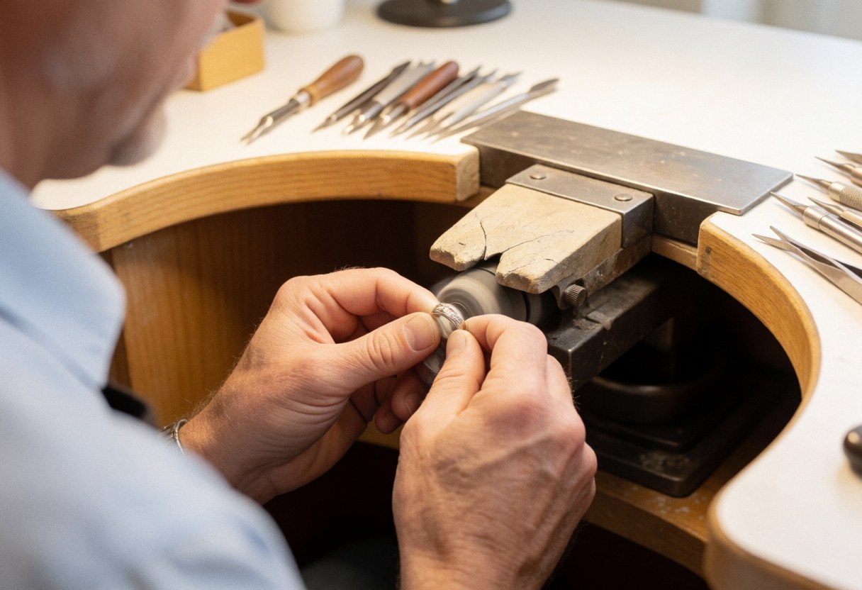 Professional jeweler polishing a ring in a clean workshop with jewelry tools and warm lighting, demonstrating precision and care in fine jewelry making.