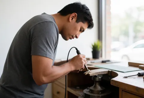 Jeweler focused on crafting jewelry in a professional workshop using metal tools with natural light from a window