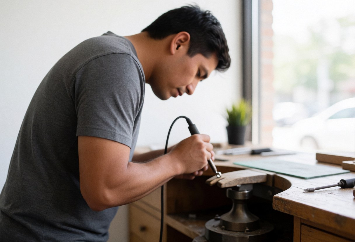 Jeweler focused on crafting jewelry in a professional workshop using metal tools with natural light from a window