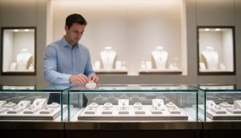 Interior of a high-end jewelry store featuring glass display cases filled with gold and silver jewelry, with a professional jeweler assisting a client in a serene and elegant setting.