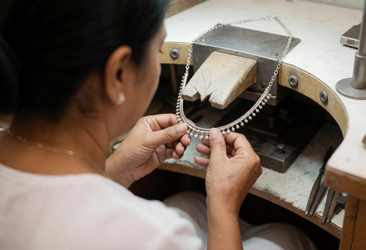 A jeweler carefully works on a silver necklace in a workshop using specialized tools, highlighting dedication to handmade jewelry craftsmanship.