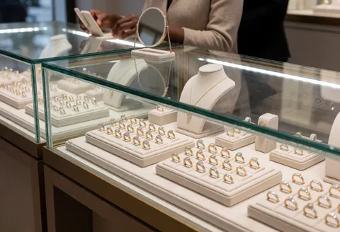 A jewelry store display case featuring rings and necklaces arranged on velvet counters with bright lighting and a small mirror, with a person reviewing a product.