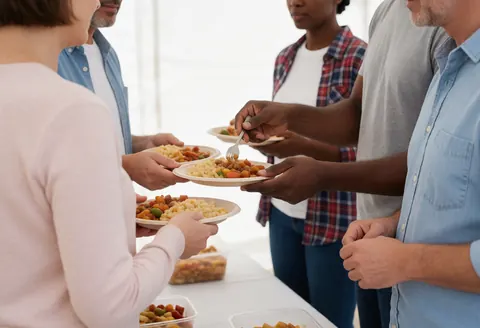 Volunteers serving hot meals to people in a clean tent setting, showing community support and solidarity.