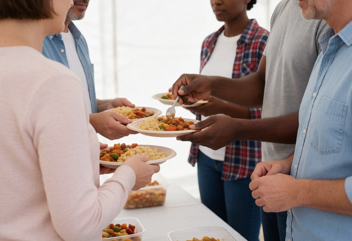 Volunteers serving hot meals to people in a clean tent setting, showing community support and solidarity.