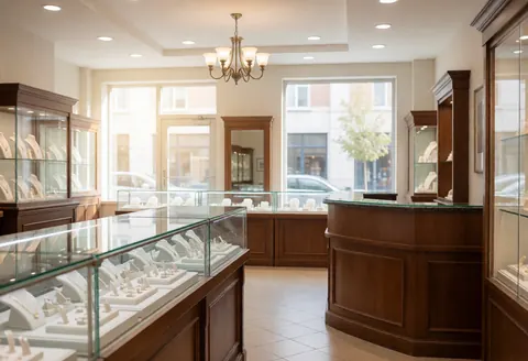 Empty jewelry store interior featuring glass display cases, a wooden counter, and natural light streaming through the window.