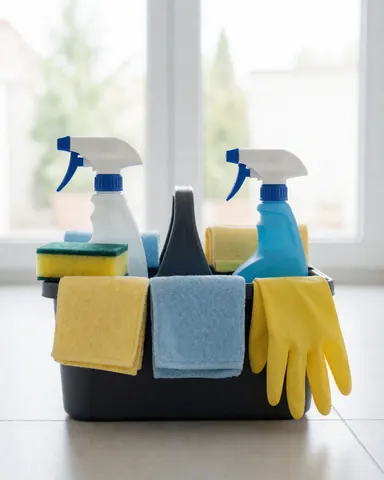 A professional cleaning kit containing a spray bottle, gloves, sponges, and towels arranged neatly on a white surface