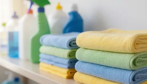 Pastel colored microfiber towels and cleaning supplies arranged on white shelves, providing a clean background for cleaning service text overlays.