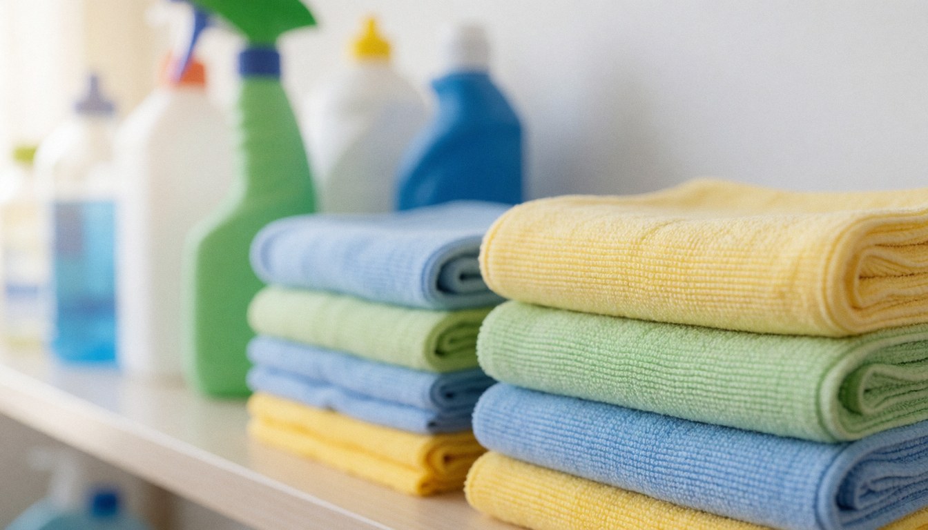 Pastel colored microfiber towels and cleaning supplies arranged on white shelves, providing a clean background for cleaning service text overlays.