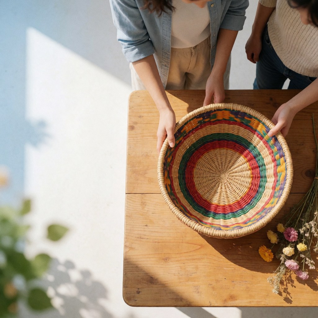 Two people hold a vibrant woven basket on a wooden table outdoors with dried flowers and sunlight