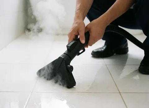 A close-up view of a handheld vaporizer device resting on a tiled bathroom floor, highlighting cleaning tools and steam for hygiene.