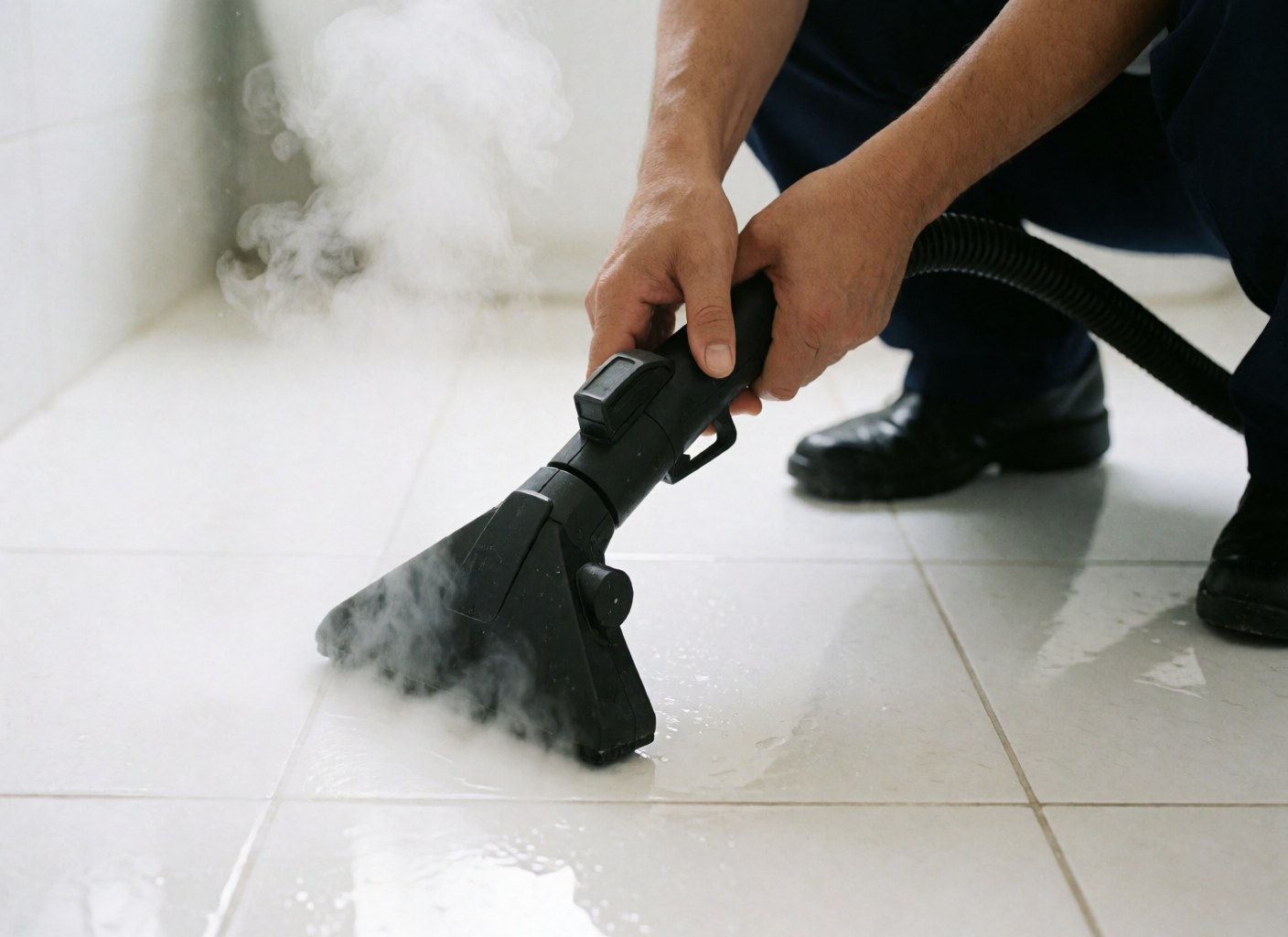 A close-up view of a handheld vaporizer device resting on a tiled bathroom floor, highlighting cleaning tools and steam for hygiene.