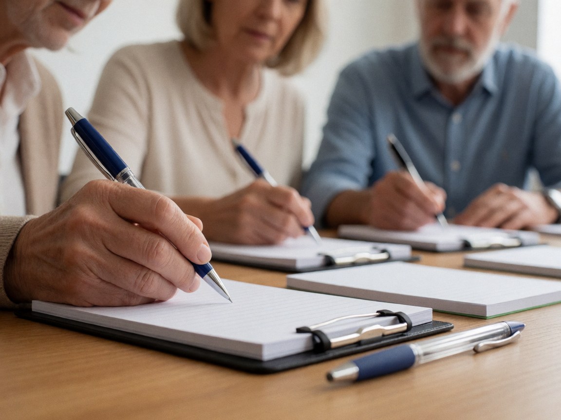 Three older adults write notes in notebooks on a wooden table during a professional nonprofit planning session.