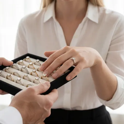 A happy customer trying on rings while a jeweler displays a ring box in a professional jewelry store setting with soft lighting.