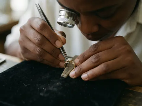 Close-up view of a jeweler's hands using tweezers and a loupe to carefully set a diamond into a gold ring during the jewelry making process
