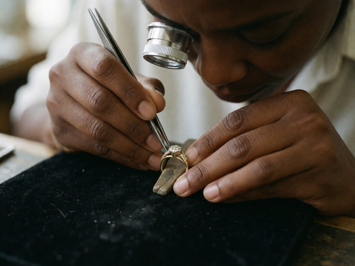 Close-up view of a jeweler's hands using tweezers and a loupe to carefully set a diamond into a gold ring during the jewelry making process