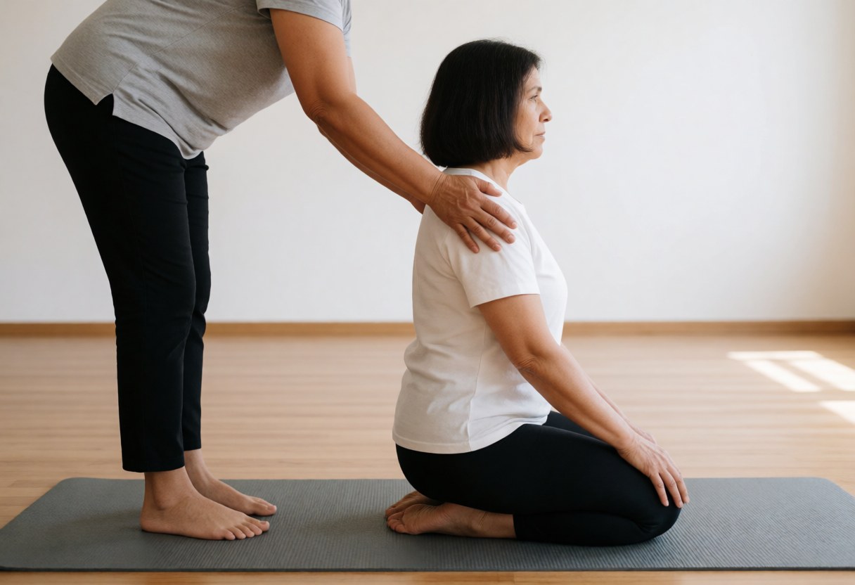 Yoga instructor helping a student with posture alignment on a mat in a calm studio with natural light