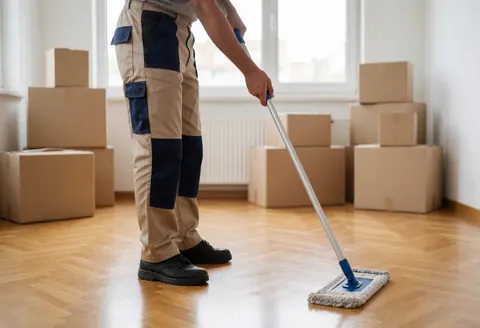 A man uses a mop to clean a hardwood floor in a home setting with cardboard boxes visible in the background under natural light.