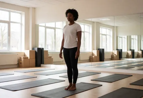 Empty yoga studio with mats, mirrors, and natural light. A woman in a meditation pose, ready to start her morning practice.