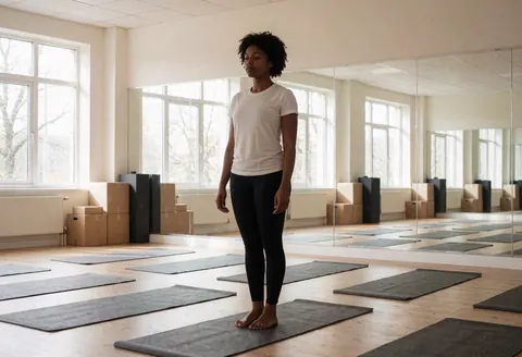 Empty yoga studio with mats, mirrors, and natural light. A woman in a meditation pose, ready to start her morning practice.