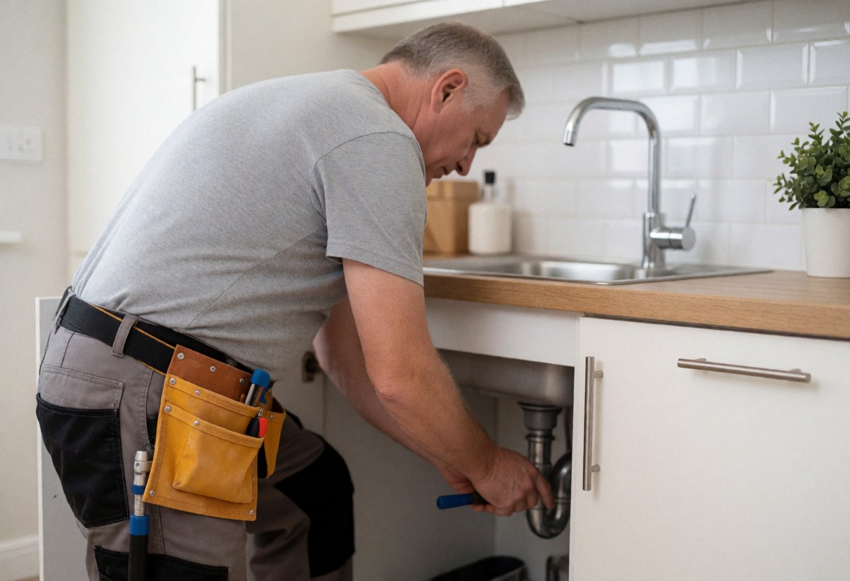 Plumber with tool belt working under a modern kitchen sink with white tiled wall and faucet