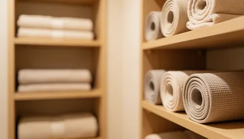A wooden shelf holding folded blankets and yoga mats against a soft blurred background, ideal for wellness and relaxation themes.