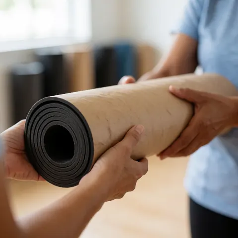 A close-up view of hands holding a rolled-up yoga mat, ready for delivery to a customer for their home practice or studio use.