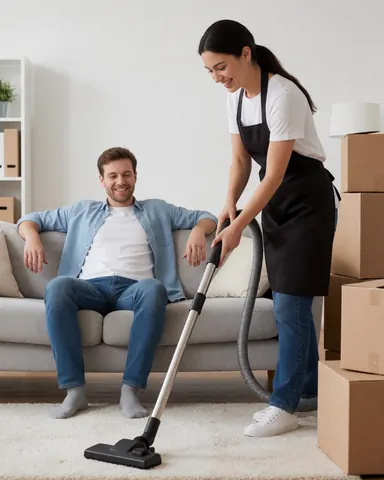 A smiling man sits on a sofa while a woman in an apron vacuums the floor, showcasing a professional home cleaning service in a modern, tidy living space.