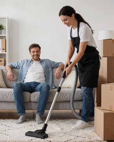 A smiling man sits on a sofa while a woman in an apron vacuums the floor, showcasing a professional home cleaning service in a modern, tidy living space.