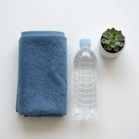 Folded blue towel, water bottle, and succulent plant on white surface, minimalist yoga and pilates product scene